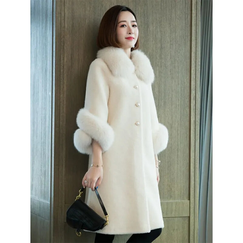 2023 Autumn Winter New Imitation Sheep Shearing Coat Women's Mid Length Lmitation Fox Fur Collar Grain Fur Imitation Fur Coat