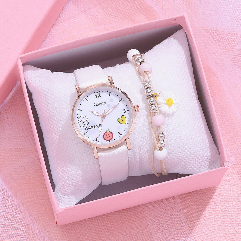 นาฬิกาเด็กสีชมพูน่ารักนาฬิกาข้อมือควอตซ์รูปการ์ตูนเซ็ตนาฬิกาแฟชั่นสำหรับเด็กผู้หญิงนาฬิกานักเรียน relogio feminino