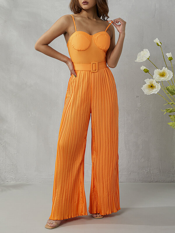 New 2022 Ladies Casual Jumpsuit with Belt Spaghetti Straps Sleeveless Solid Slim Fit Drawstring Wide Leg Straight Jumpsuit