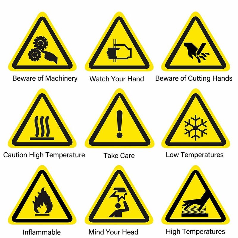 5 pezzi di segnali di avvertimento gialli adesivi 50mm triangolo giallo PVC etichette di avviso di sicurezza etichette di avvertimento industriali impermeabili a prova di olio