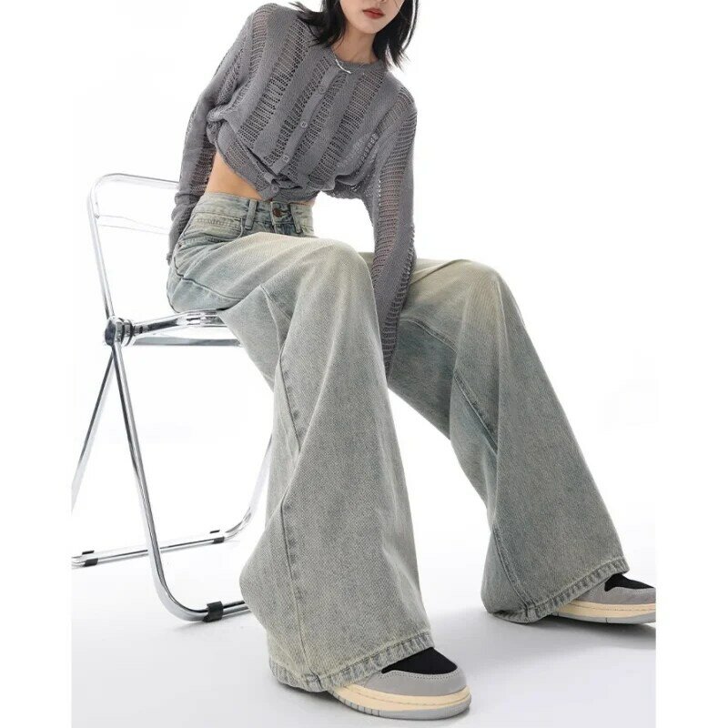 Calça jeans feminina de cintura alta, calças de perna larga, reta vintage, rua americana hip hop, alta qualidade, outono, Y2K, 2024