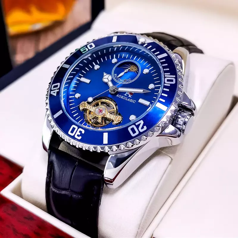 AOKULASIC Male Luxury Mechanical Sports Watches Automatic Watch Wrist Mens Clock Luminous Waterproof Leather Band Business Watch