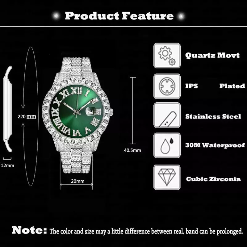 Relógio masculino cheio de diamante gelado, quartzo AAA CZ, impermeável, Hip Hop, relógio masculino, marca de luxo, presente para homens