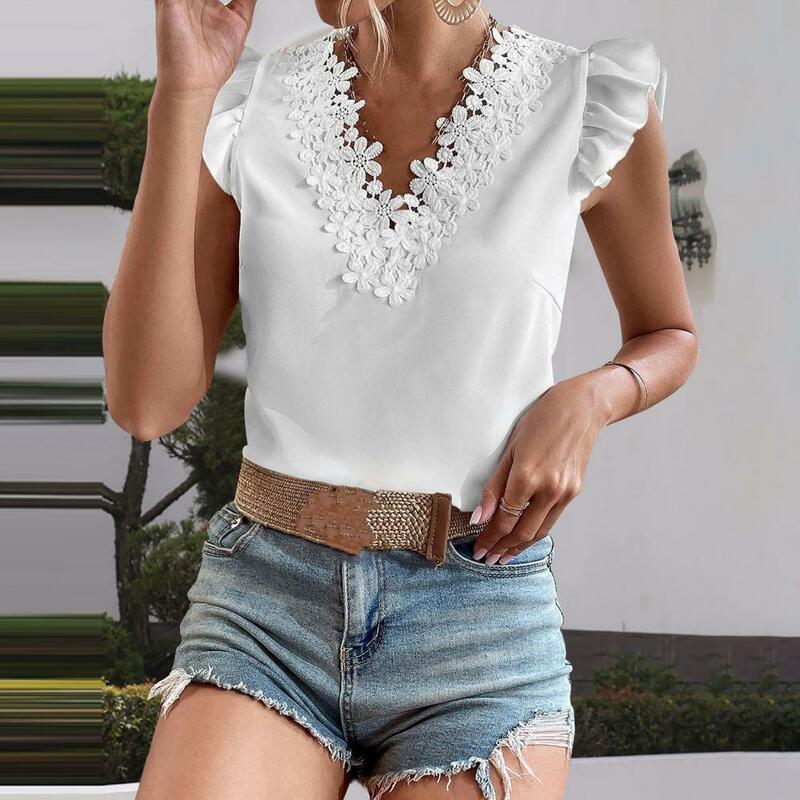 Solid Color Pullover Tops Women Tee Top Elegant Lace Flower Splicing V-neck Women's Summer Shirt with Ruffled for Streetwear