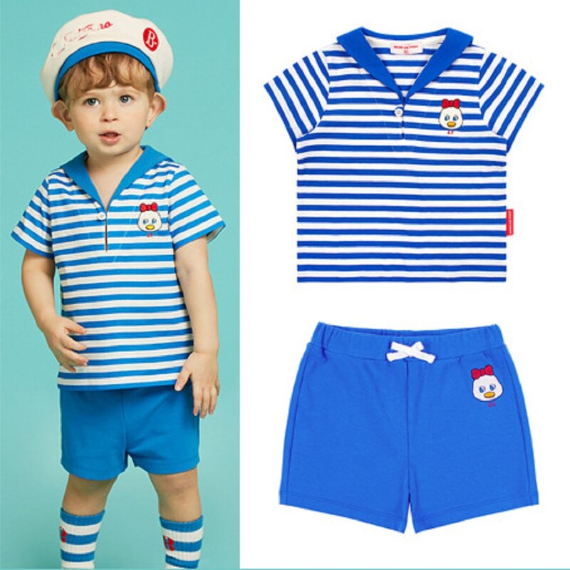 Korean 베베 BeBe Baby Girl Cute Short Sleeve Tee Shirt Children Cartoon Tops Shorts Pants Summer Kids Boy Stripe Set Cloth T-shirt