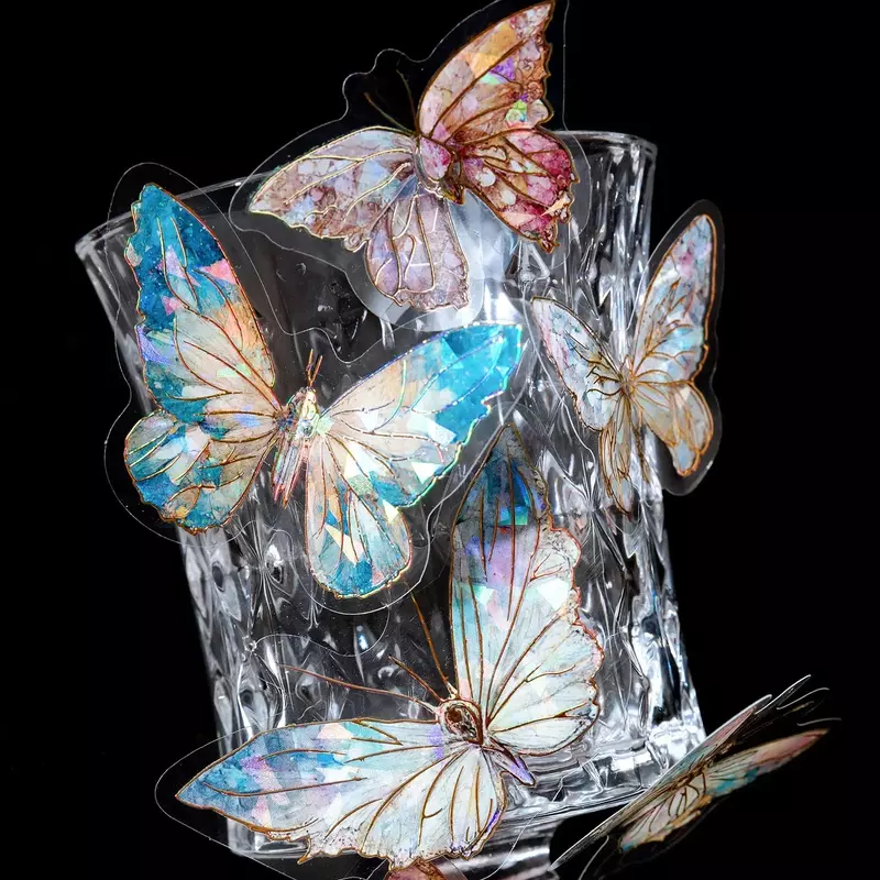 20pcs Ice Crystal Laser Butterfly Decorative PET Stickers Retro Diy Handbook Material Scrapbooking Label Diary Journal Planner
