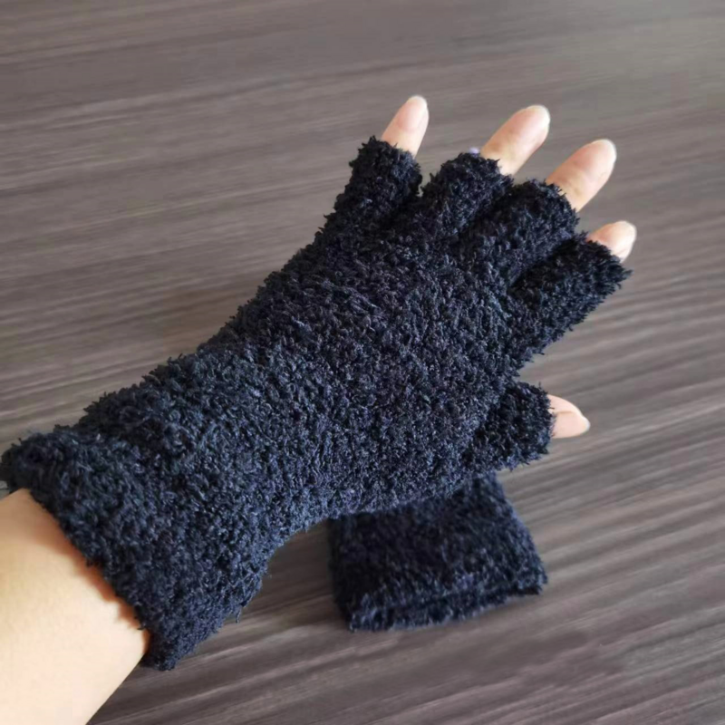 1Pair Half Finger Fingerless Gloves Men's And Women's Winter Warm Solid Color Knitted Half-finger Velvet Plush Outdoor Mittens