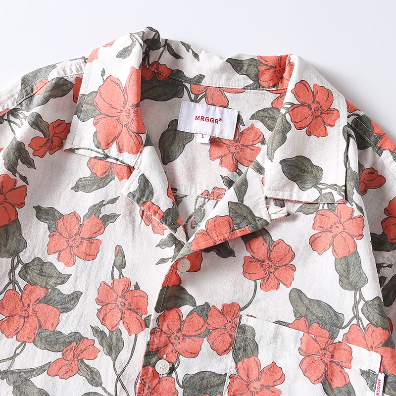 Men's vintage ultra high quality Japanese print Hawaiian Cuban collar linen short sleeve shirt