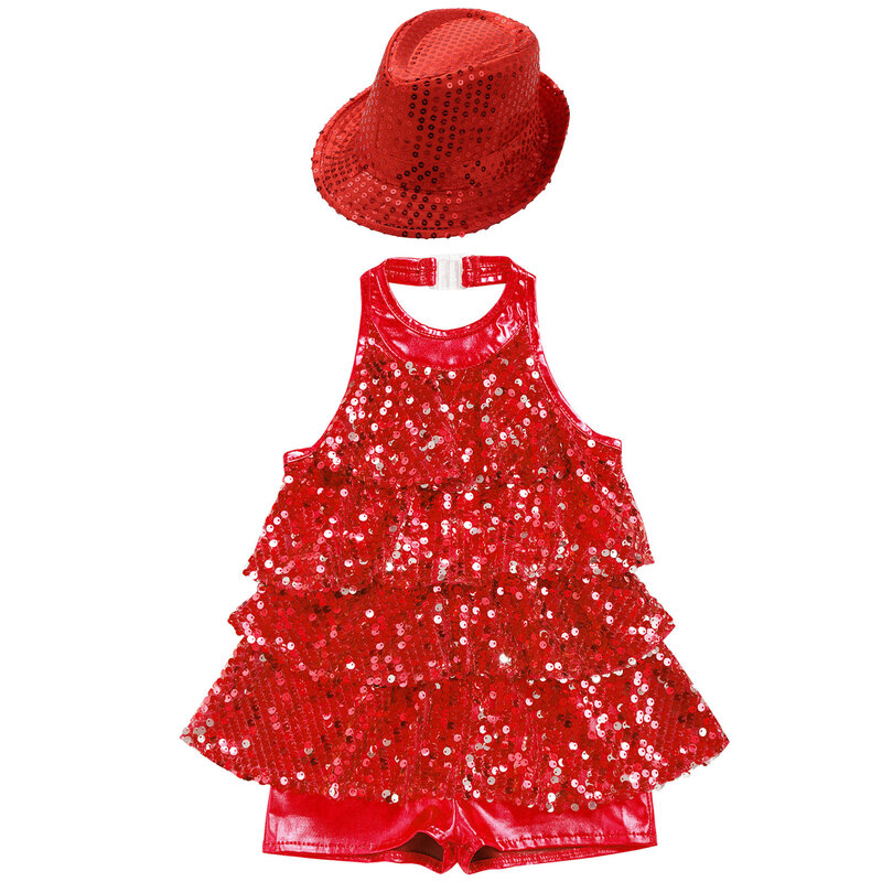 Vestido infantil de collant de lantejoula, macacão de cabeçada com chapéu, ginástica de balé e latina Cha-Cha-Cha-Cha-Cha, dança jazz