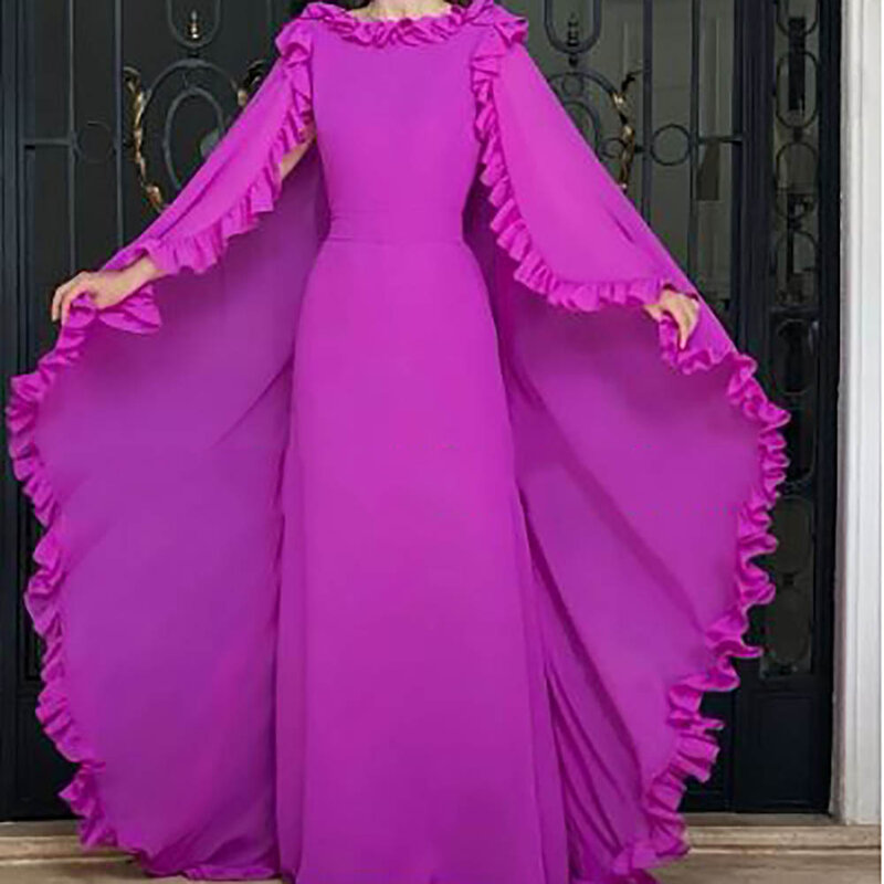 A-line Chiffon Prom Evening Wedding Party Dress O Neck Sleeveless Ruffles Cape Elegant Backless Floor-Length Arabic Style