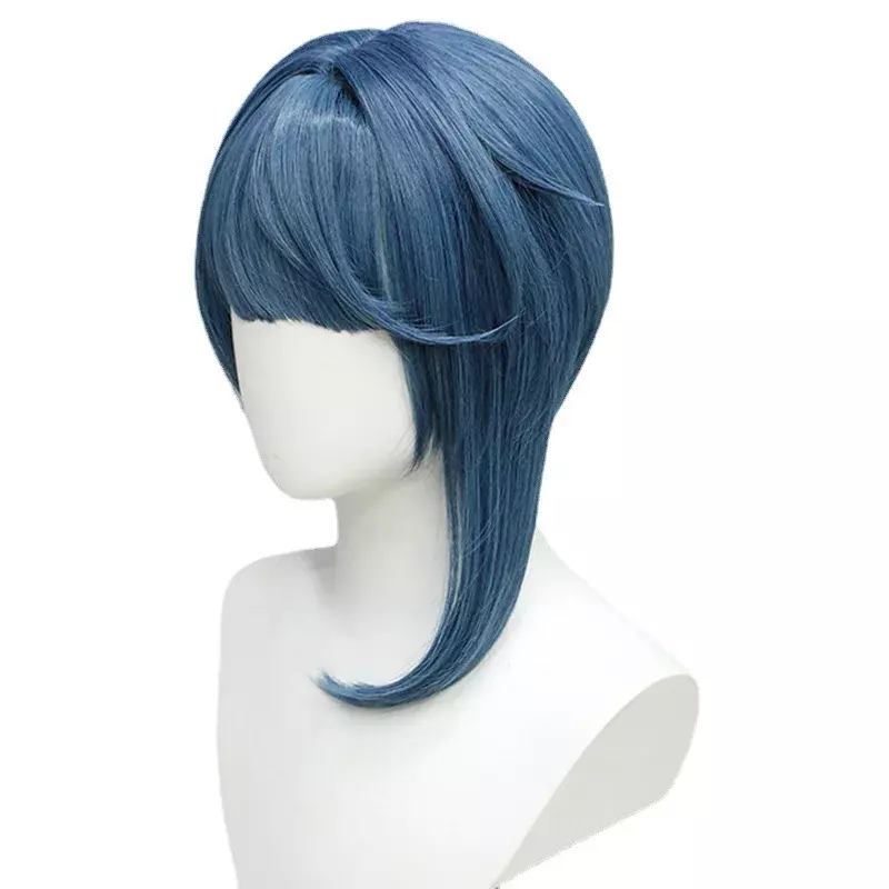 Genshin Impact Xingqiu Peluca de silicona para Cosplay, parte superior del cuero cabelludo, gris, azul, modelado liso, peluca Xingqiu, Red para el cabello de regalo