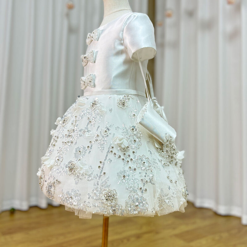 Jill Wish Luxury Arabic White Girl Dress Bow fiori fatti a mano con guanto Baby Kid Princess Wedding Birthday Party Gown 2024 J357