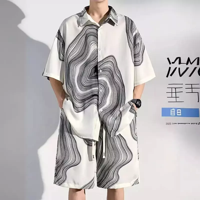2024 New Men's Summer Loose-fit Casual Shirt Shorts Set Ice Silk Beach Style Men's Wear