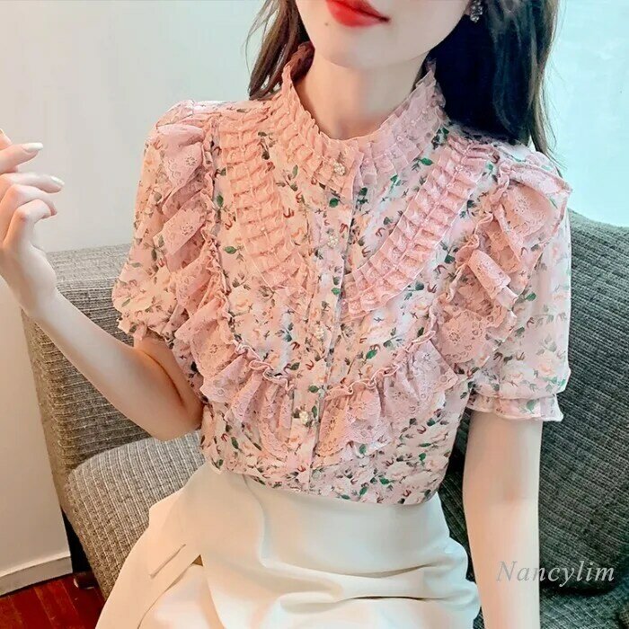 달콤한 꽃 무늬 쉬폰 셔츠 여성용, 인기 있는 레이스 구슬 디자인 블라우스 상의 여름 신상품 2022
