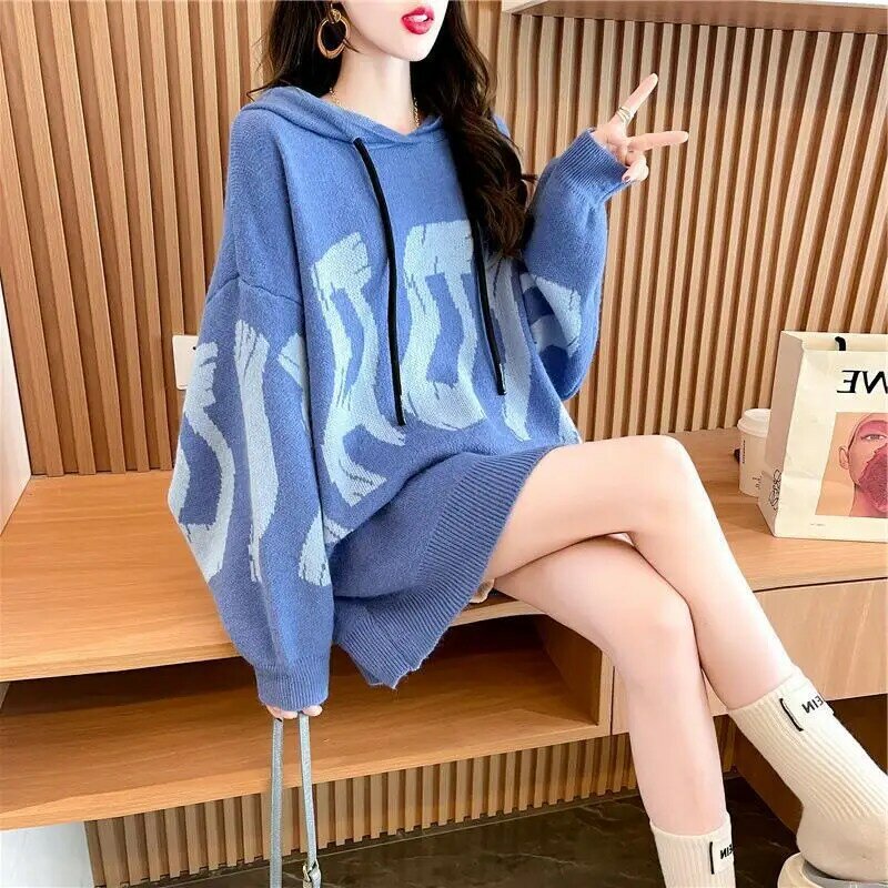 DAYIFUN Oversize koreański mody sweter z kapturem z dzianiny kobiet O-neck luźne żakardowe litery średniej długości topy jesień i zima płaszcz