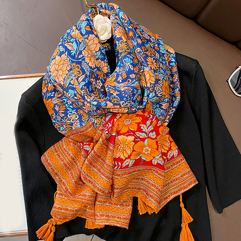 Syal rumbai gaya etnik baru 180x85cm, bandana hangat motif mode, handuk pantai tahan angin empat musim,