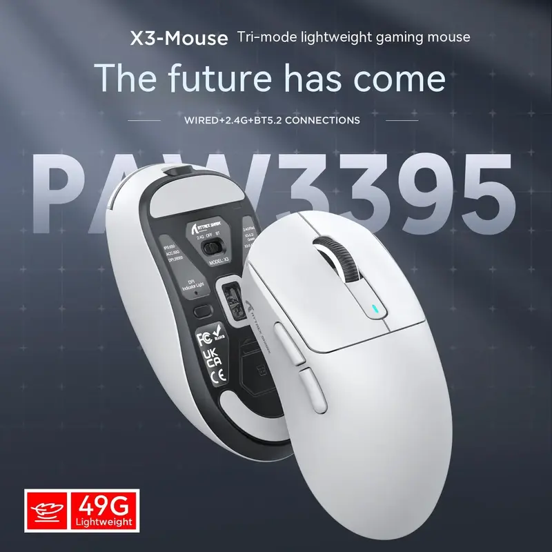 Attack Shark X3-ratón inalámbrico de 3 mdoe para Gaming, ligero, Bluetooth, con cable, Paw3395, accesorio para PC y portátil, regalo