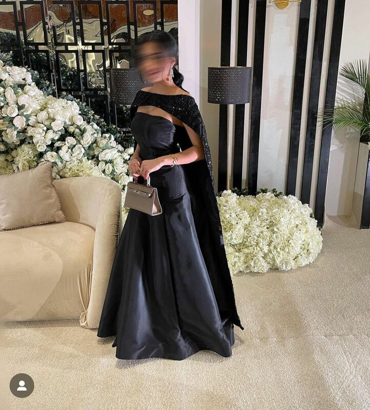 Винтажное черное атласное вечернее платье для выпускного вечера с шалью без бретелек Плиссированное вечернее платье до пола с бисером платья для вечеринок