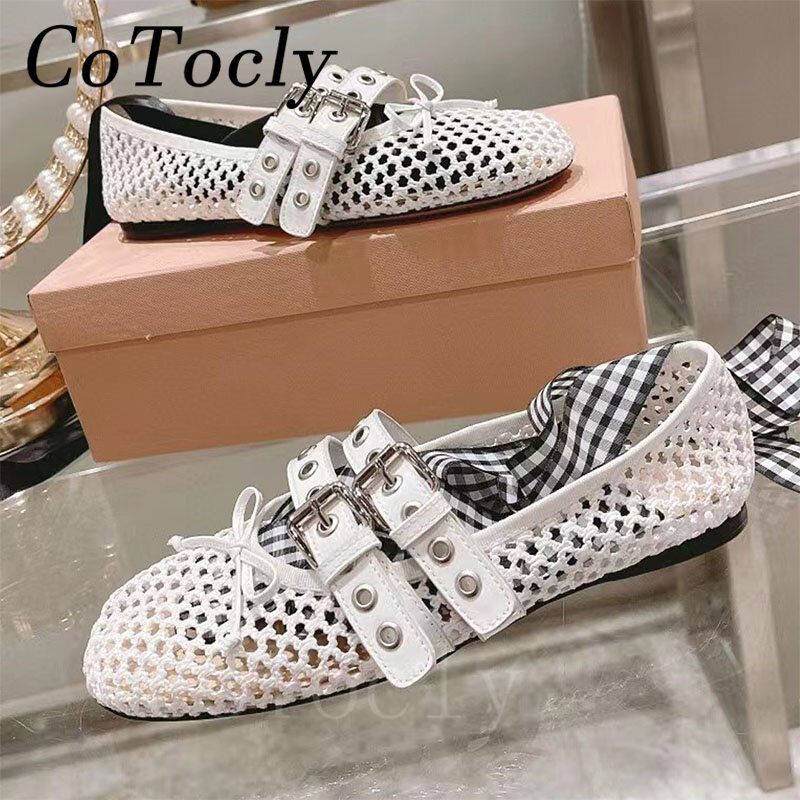Hot Sales Butterfly-knot Ballet Flat Shoes Women Round Toe Lace Up Loafers Mesh Hollow Outs Buckle Strap Runway Shoes Woman