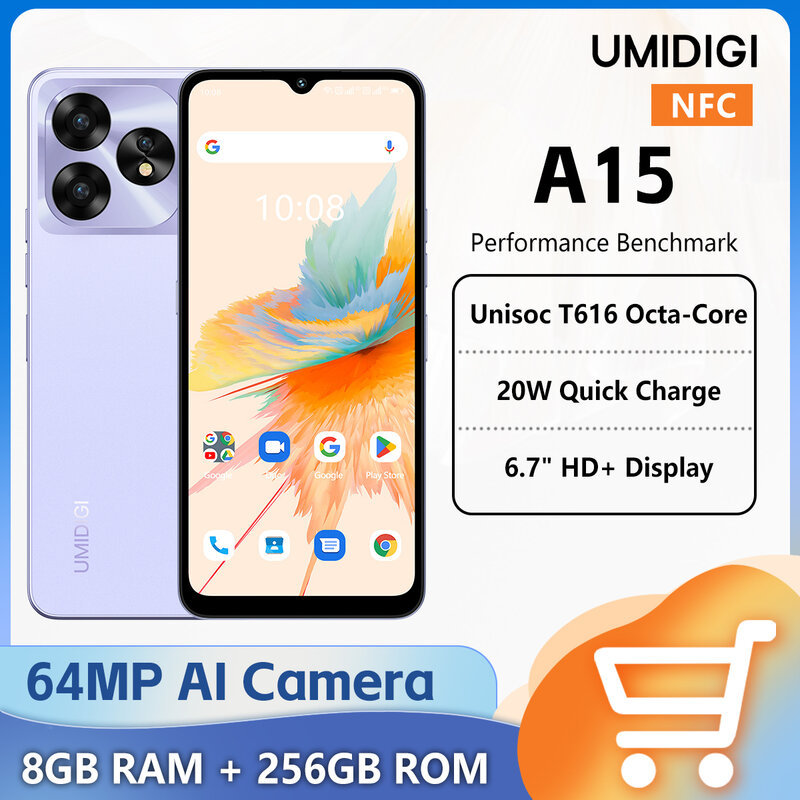 UMIDIGI-A15 Smartphone, 8GB + 256GB, 6.7 "HD + Display, Bateria 5000mAh, Carregamento Rápido 20W, Unisoc T606, 4G, 64MP, NFC, Android, Celular
