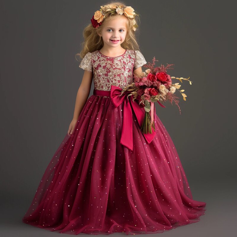 Elegante vestido floral para meninas, com decote em O, renda, cinto, vestido de aniversário, vestido de baile, tule, vestido formal para casamento, 2024