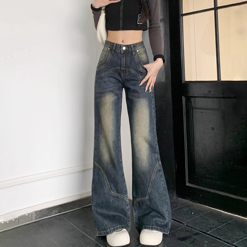 Americanretro cement grey straight jeans female autumn and winter new versatile thin high-waisted loose wide-legged trouserstide