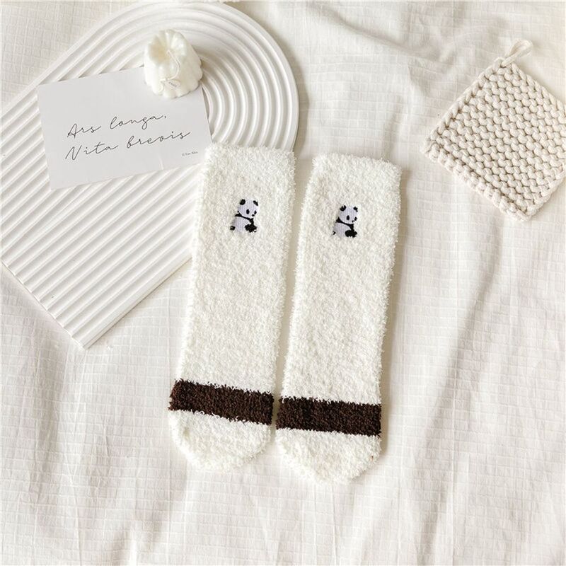 Lady Coral Fleece Panda Embroidery Indoor Thermal Socks Home Sleeping Socks Autumn Winter Socks Floor Socks Women Socks
