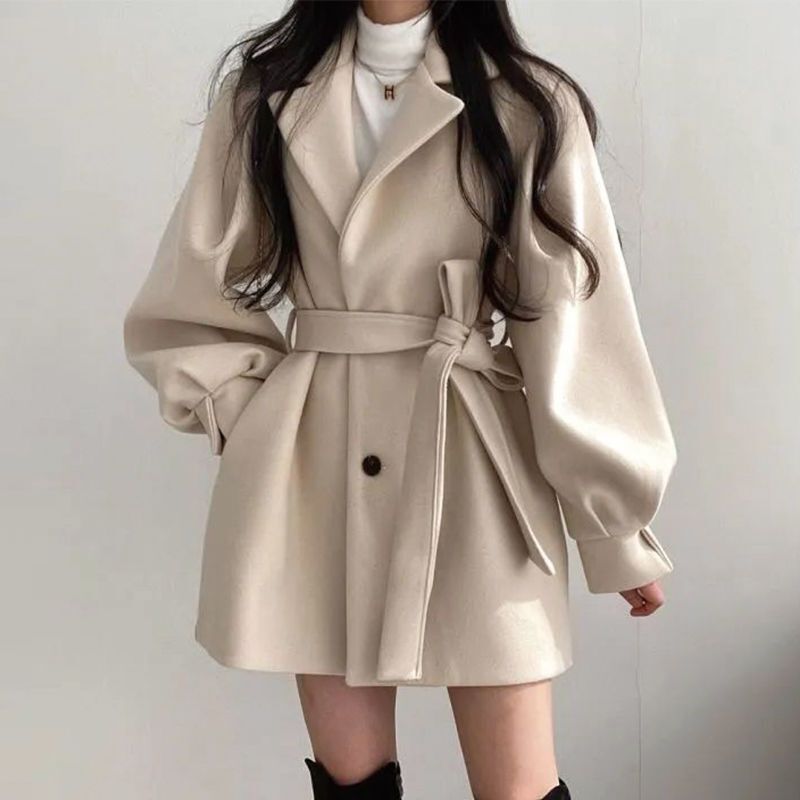 Женское шерстяное пальто в Корейском стиле, элегантная однотонная плотная теплая куртка средней длины с отложным воротником и поясом, модная офисная Дамская верхняя одежда, осень-зима