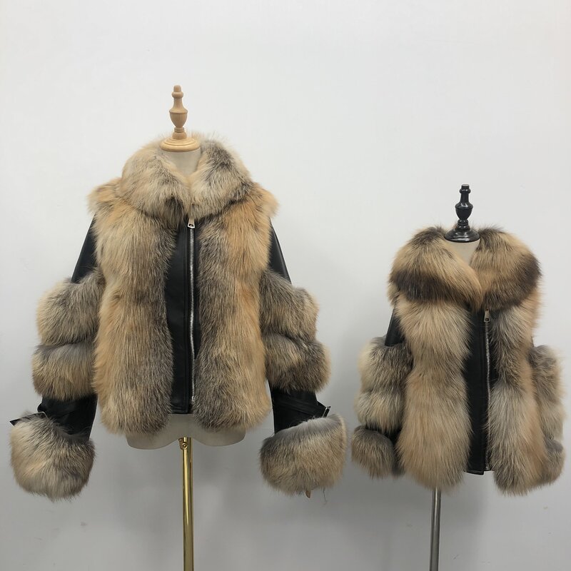 Manteau d'hiver en cuir pour femme, veste en vraie fourrure de renard, à la mode