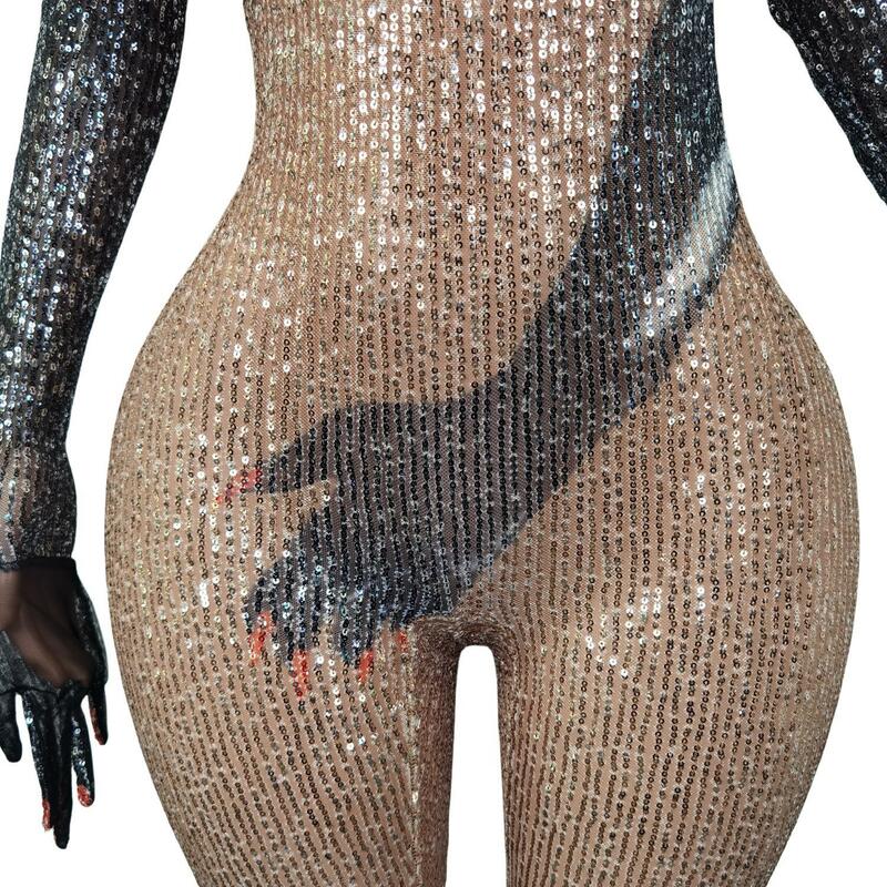 블랙 골드 스팽글 점프수트 드래그 퀸 의상 장갑, 섹시한 폴 댄스 의상 세트, 여성 파티 고고 의류, 클럽웨어, Heishou