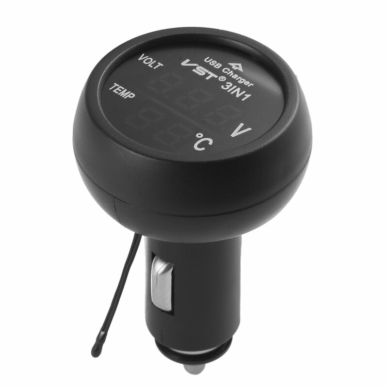 12V/24V Digital Meter Monitor 3 in 1 LED USB Car Charger Voltmeter Thermometer Car Battery Monitor LCD Digital Dual Display
