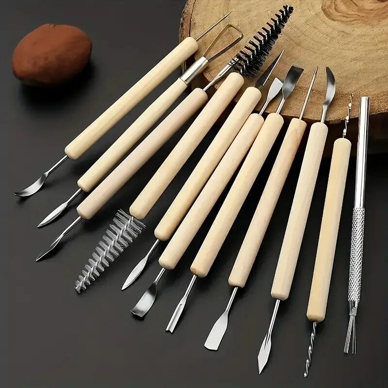 11Pcs Pottery Tools Clay Sculpting Carving Tool Set Wooden Ceramics Smoothing Shaper Tools for Potters Handle Carving Modeling