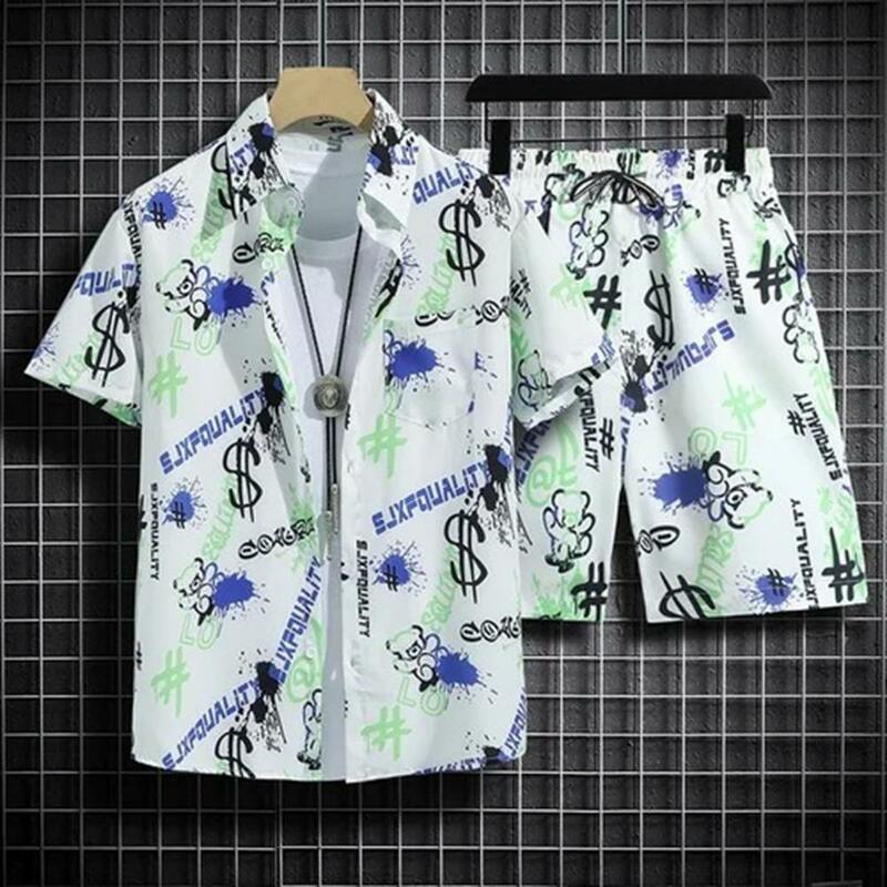 Tenue décontractée de style hawaïen, chemise à boutonnage simple, manches courtes à revers, proximité élastique en Y, taille Wstring, jambe large, ensemble short de plage