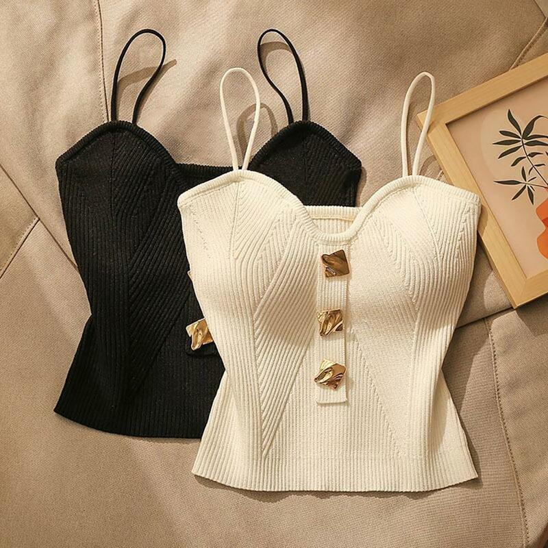 Soft Stretchy Tank Top Stylish Women's Knitted Crop Top with Button Decor Padded Spaghetti Straps Backless Sleeveless Camisole