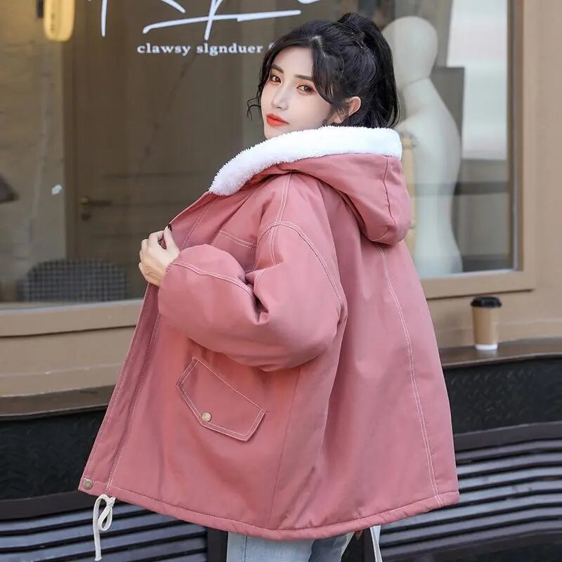 Puchowy płaszcz bawełniany Plus aksamitny gruby 2022 zimowy koreański moda kurtki okazjonalne damskie futro z kapturem kołnierz ciepły oprzyrządowanie bawełniana kurtka
