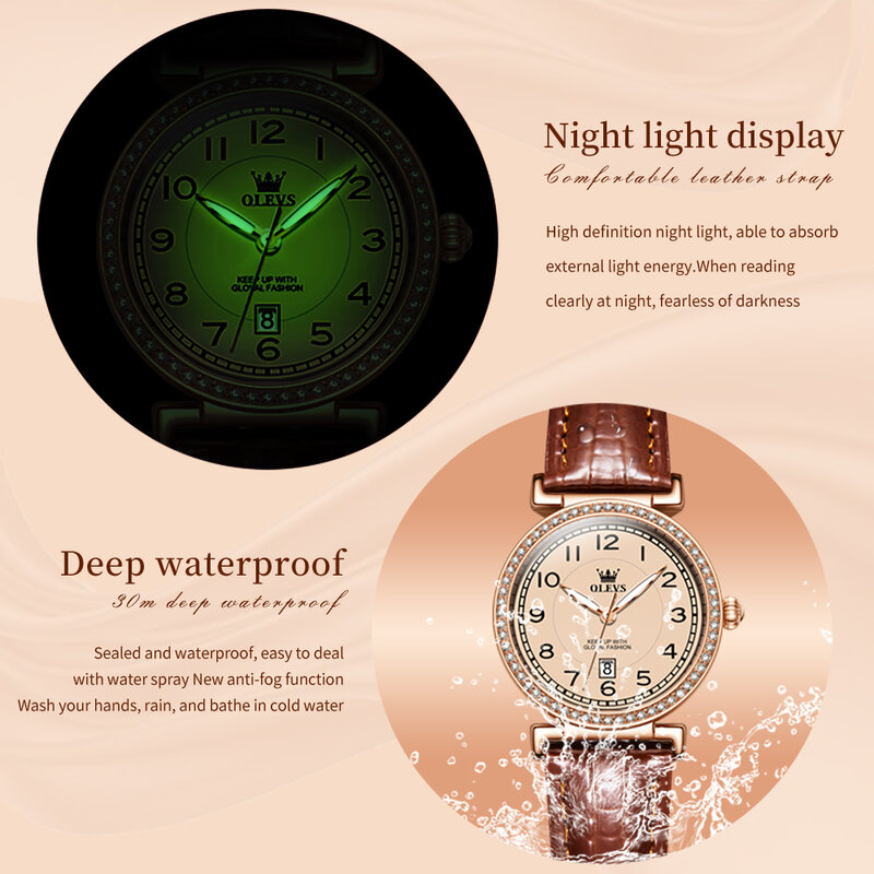 OLEVS นาฬิกาควอทซ์ประดับเพชรแฟชั่นใหม่เอี่ยมสำหรับผู้หญิงสายหนังหรูหรากันน้ำปฏิทินมือเรืองแสงนาฬิกาสตรี