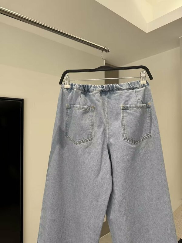 Celana Denim wanita, Jeans Jogging longgar pinggang tinggi kasual mode Chic baru 2024, pinggang elastis Retro, celana Denim wanita