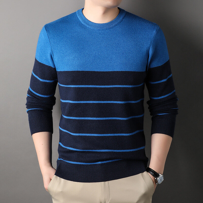 Pulôver de lã listrado de manga comprida masculino, suéter com gola redonda, blusa casual, jovens e de meia idade, outono, inverno, novo, 2023