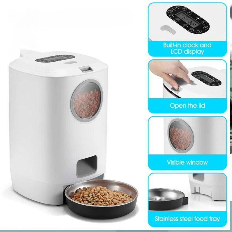 Alimentador automático de doble potencia para mascotas, alimentador desmontable con sincronización cuantitativa, grabable, suministros generales para perros y gatos, 4,5 l