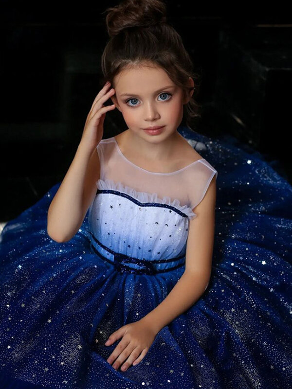The new girl princess sleeveless gauze gauze puffy dress gradient blue star tutu performance dress