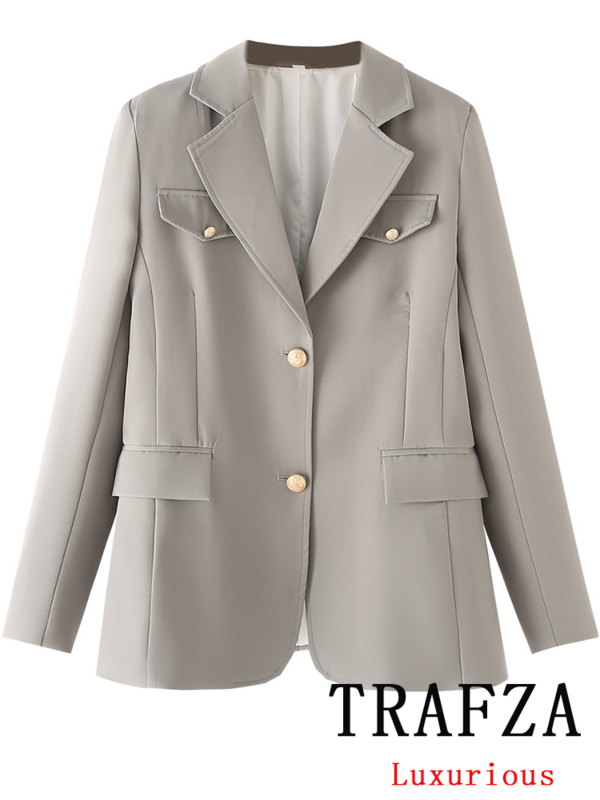 Trafza Vintage Chic Casual Frauen Blazer solide einreihige V-Ausschnitt Langarm Taschen Blazer Mode 2024 Büro Dame Blazer