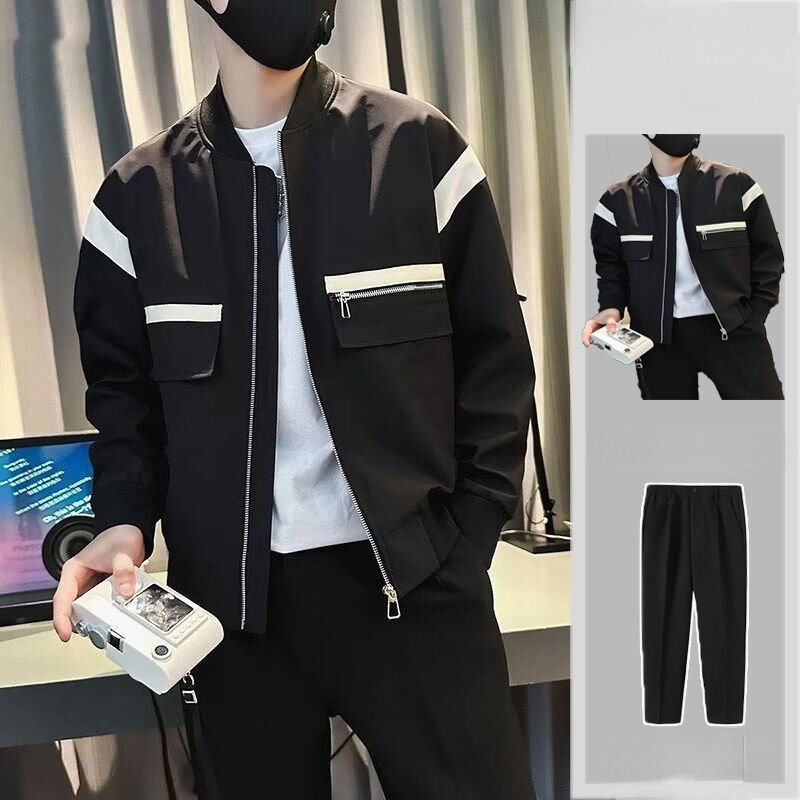 New Men Suits Men Well Fitting 2 Pieces Sets Stylish Male Contrast Color All-match Long-sleeve Suit Man's Fashion Clothing F124