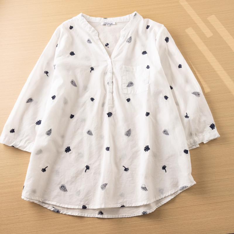 Damen blusen Trend 2024 Sommer Damen bekleidung 100% Baumwolle V-Ausschnitt Dreiviertel ärmel Blätter Stickerei Hemden und Blusen