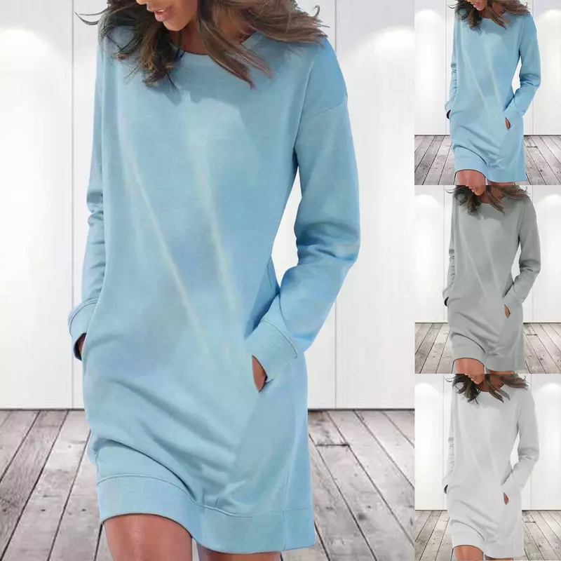 Luxury-B 56USD-Fall Winter Women's Dresses Casual Solid Color Long Sleeve Round Neck Pocket Dress Christmas Dresses