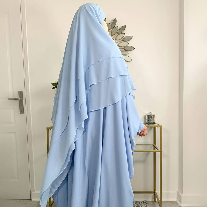 Três Camadas Chiffon Khimar com Cordas Niqab para Mulheres Muçulmanas, Vestuário de Oração Islâmica, Longo Hijab, Alta Qualidade, EID, Ramadã, Atacado