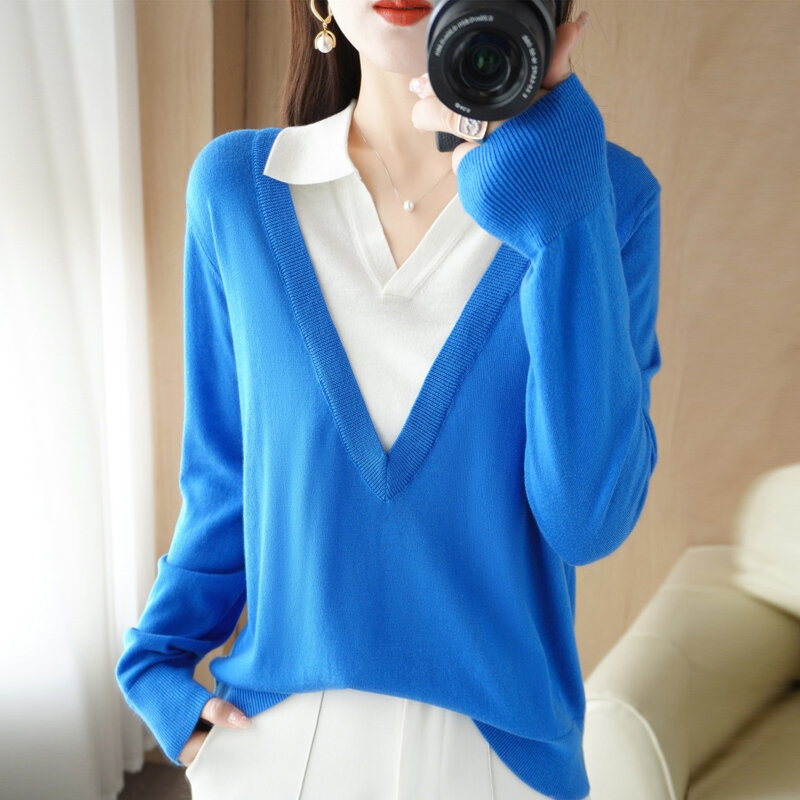 셔츠 칼라 스웨터 겉옷 가짜 2 피스 탑 여성 니트 2022 새로운 봄, 가을-긴팔 Bottoming 셔츠 조수