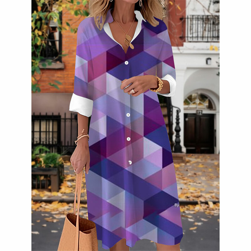 Gaun lengan panjang wanita, gaun musim panas kasual longgar warna-warni bercetak garis-garis warna baru modis Musim Panas 2024