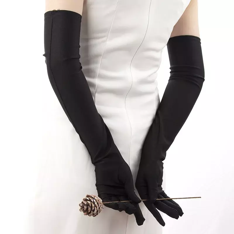 Классические женские взрослые черные белые красные серые перчатки для оперы/локтя Стрейчевые атласные длинные перчатки с пальцами женские Хлопушки перчатки подходящий костюм