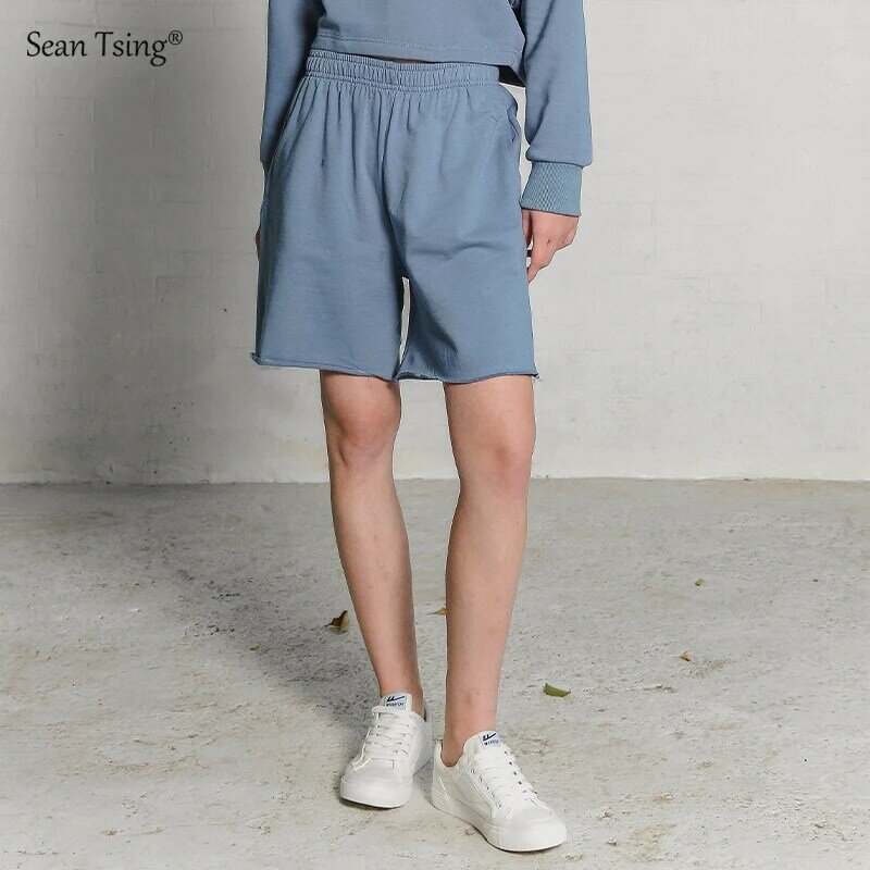 Sean Tsing®Celana olahraga 100% katun wanita pinggang elastis warna Solid celana panjang selutut celana pendek lari longgar Athleisure