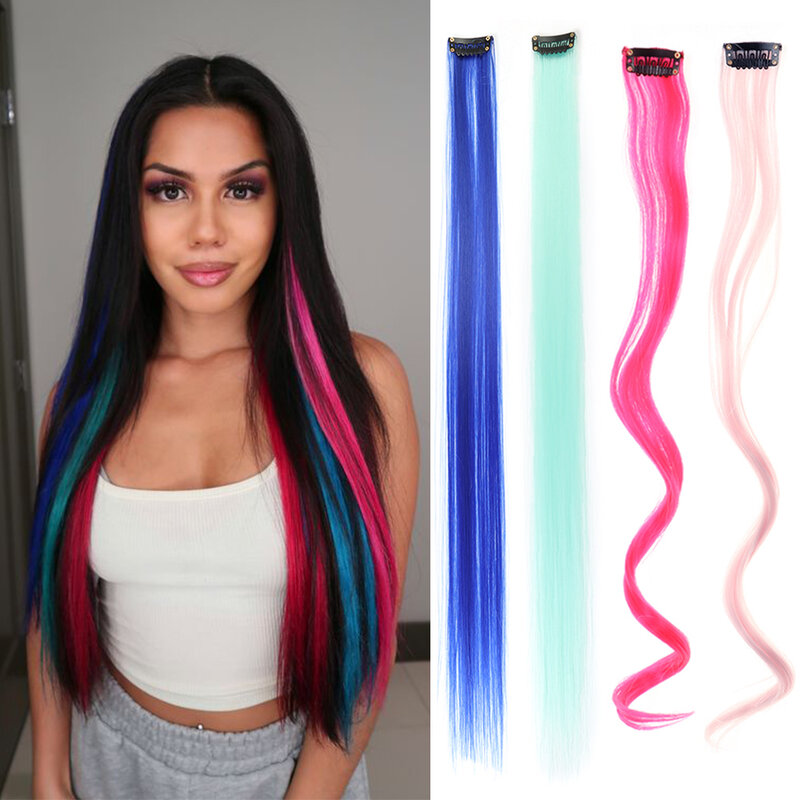 Ekstensi rambut lurus panjang wanita, 22 "Sintetis suhu tinggi 1 klip dalam ekstensi rambut biru merah muda kuning warna-warni